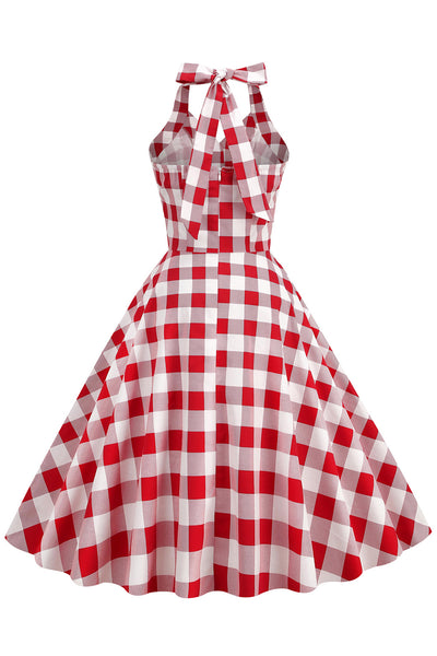 ZAPAKA Women Vintage Dress Red Plaid A-line Halter 1950s Swing Dress