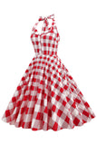 Red Plaid Halter 1950s Swing Dress