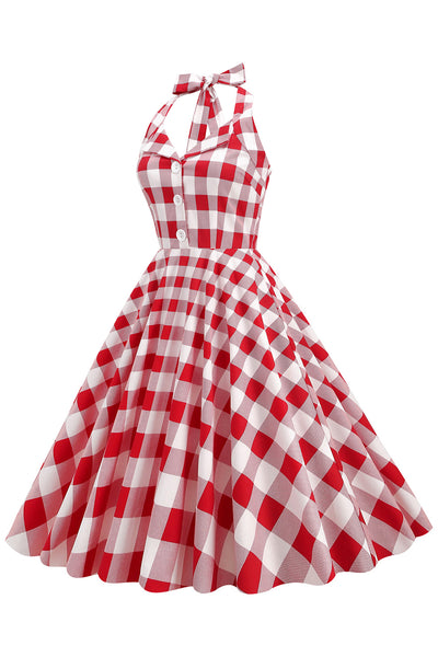 ZAPAKA Women Vintage Dress Red Plaid A-line Halter 1950s Swing Dress