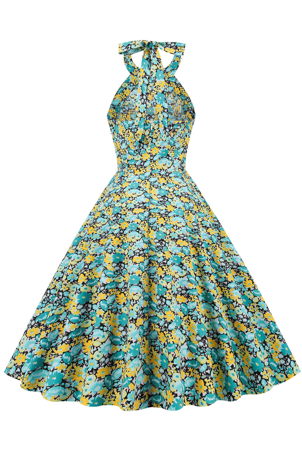 Blue Yellow Flower Halter Pin Up Dress