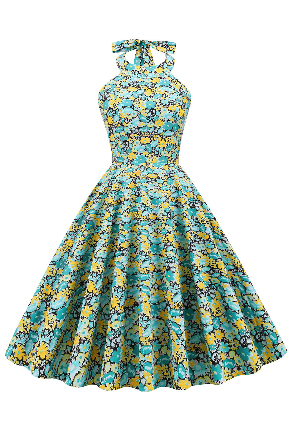 Blue Yellow Flower Halter Pin Up Dress