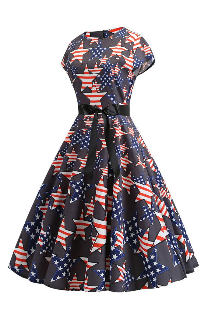 Zapaka Women Navy Vintage Dress American Flag Printed Swing Dress with ...