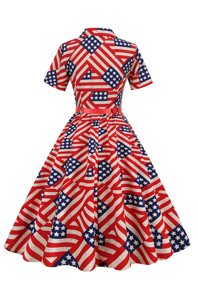 Zapaka Women Red Swing Dress with Belt American Flag Print Vintage ...