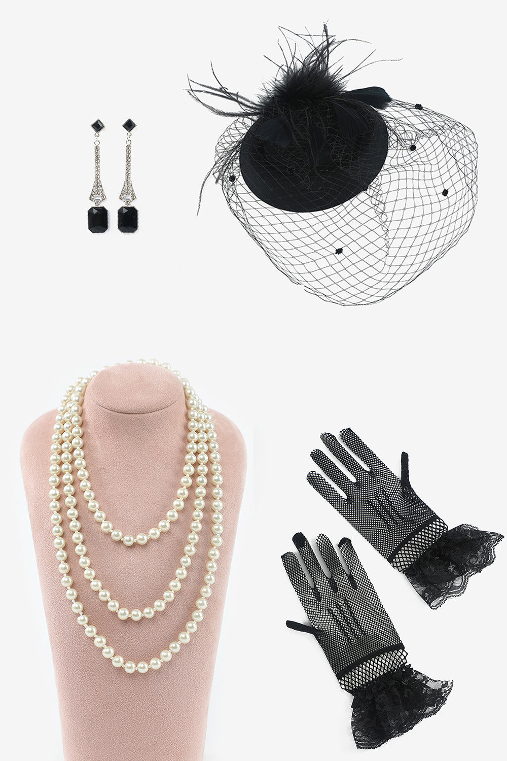 Four Pieces Earrings Gloves Party Accessories Sets