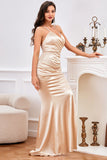 Champagne Spaghetti Straps Mermaid Evening Dress with Slit