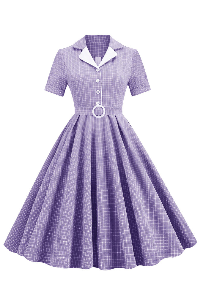 ZAPAKA Women Vintage Dress Blush Plaid Swing 1950s Dress with Short Sleeves