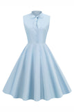 Light Blue Solid A-line 1950s Dress wit Buttons