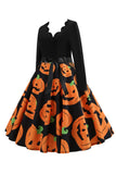 V-Neck Long Sleeve Print Pumpkin Lantern Vintage Dress