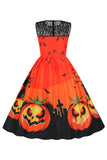 Vintage Crew Neck Lace Panel Print Halloween Dress