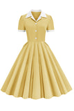 V Neck Yellow Vintage Dress with Button