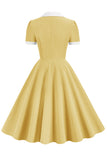 V Neck Yellow Vintage Dress with Button