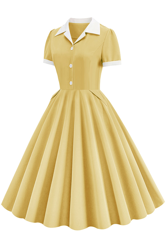 Zapaka Women Yellow Vintage Dress V Neck 1950s Dress with Button Short ...