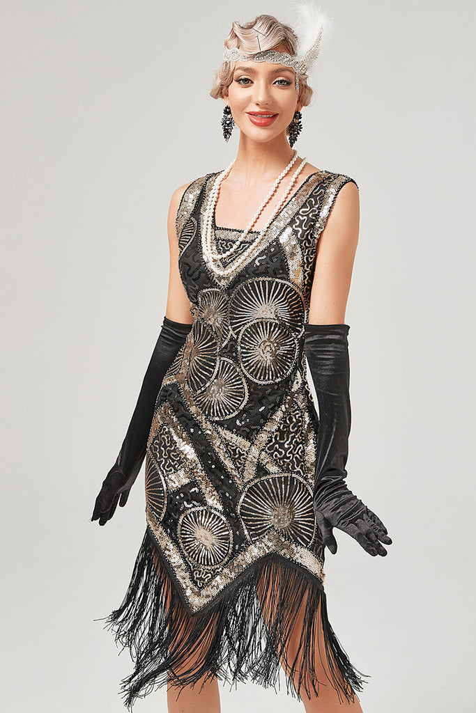 Zapaka Women 1920s Dress Dark Green Scoop Neck Flapper Dress With