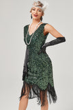 Dark Green Sequined V-Neck Gatsby Dress With Fringes