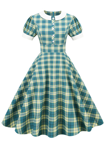 Zapaka Women Green Grid 1950s Dress Jewel Neck Vintage Dress with Short ...