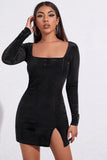 Long Sleeves Velvet Little Black Dress with Slit