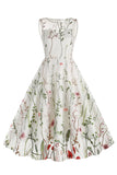 Light Khaki Embroidery Vintage 1950s Dress