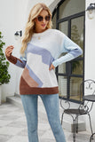 Crew Neck Blue Color Panel Knitted Sweater