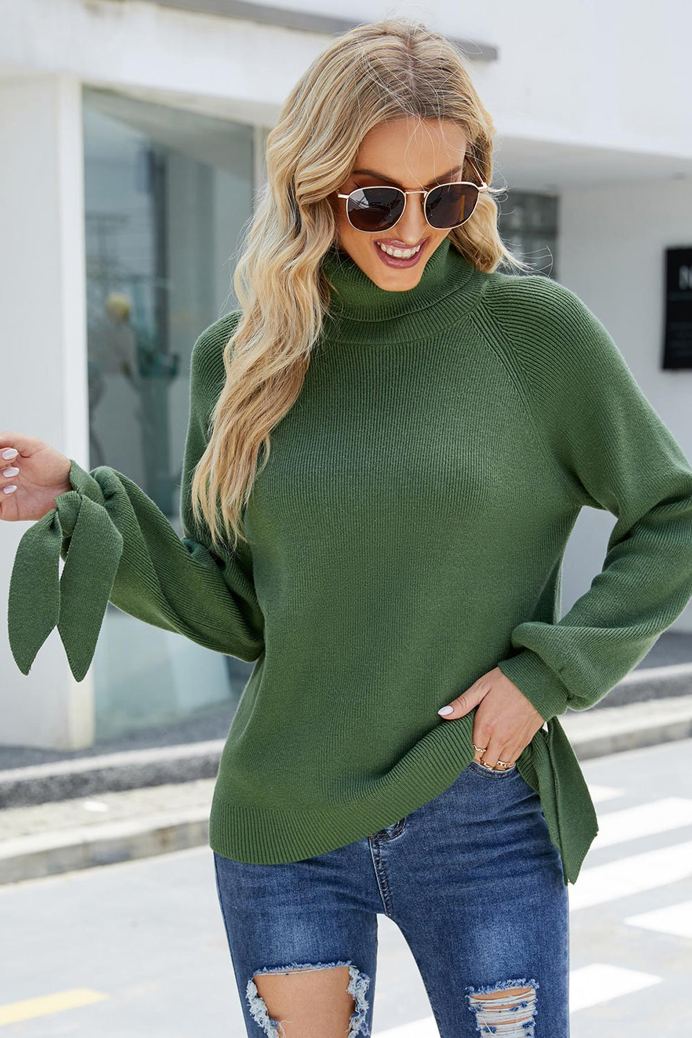 Long Sleeve Lace Up Knitted Turtleneck Sweater
