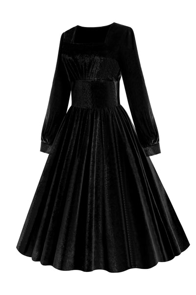 ZAPAKA Women 1950s Swing Dress Black Long Sleeves Velvet Vintage Dress