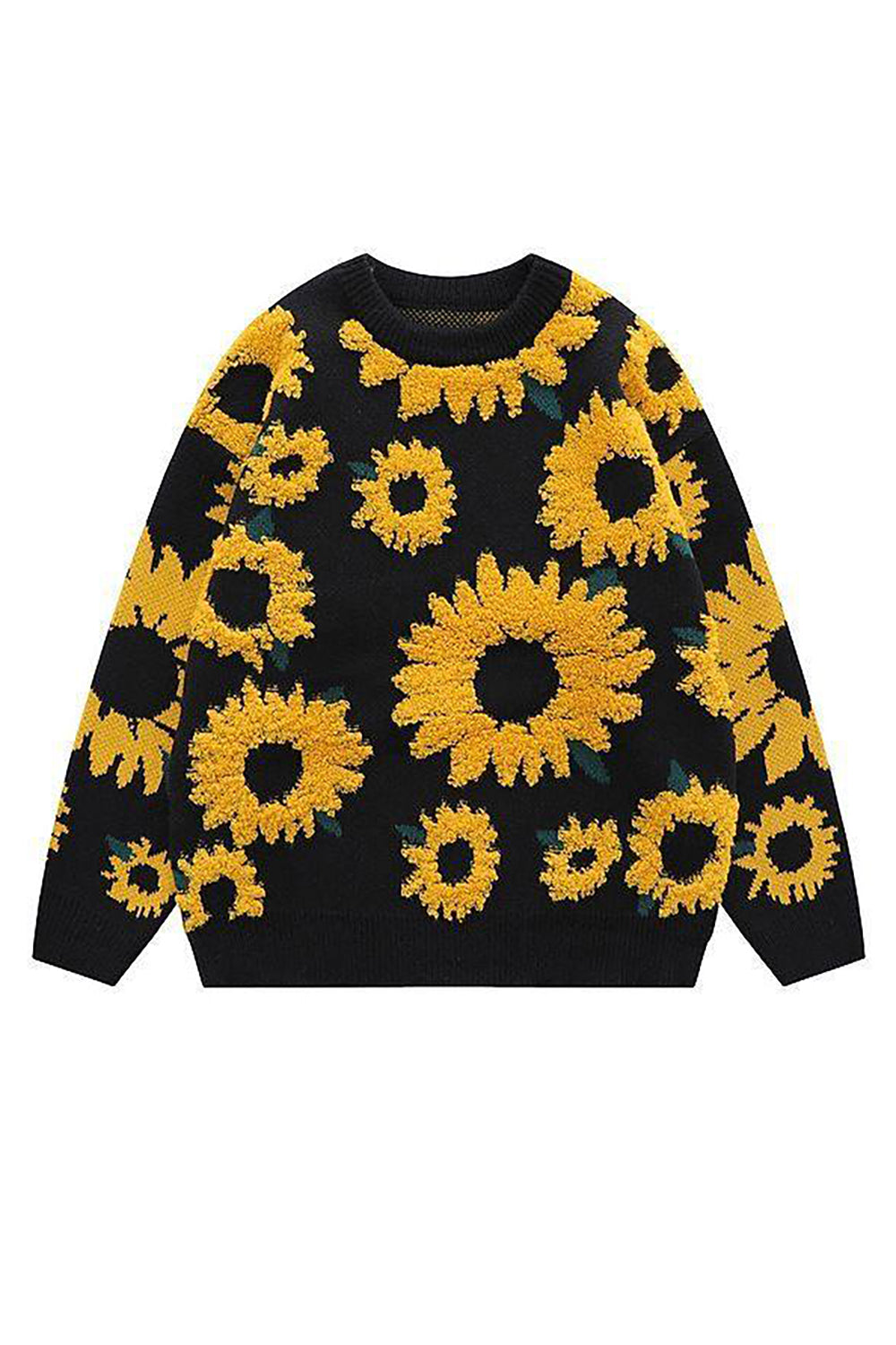 Round Neck Black Chrysanthemum Sweater