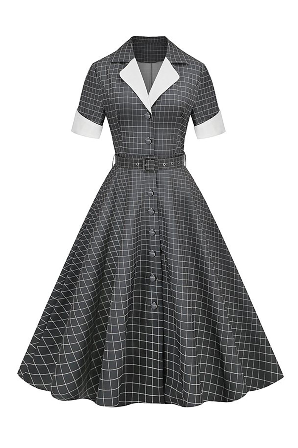 Grey Plaid Lapel Neck Vintage Dress