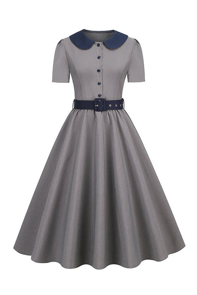 ZAPAKA Women Vintage Dress Peter Pan Collar Grey 1950s Dress with Belt