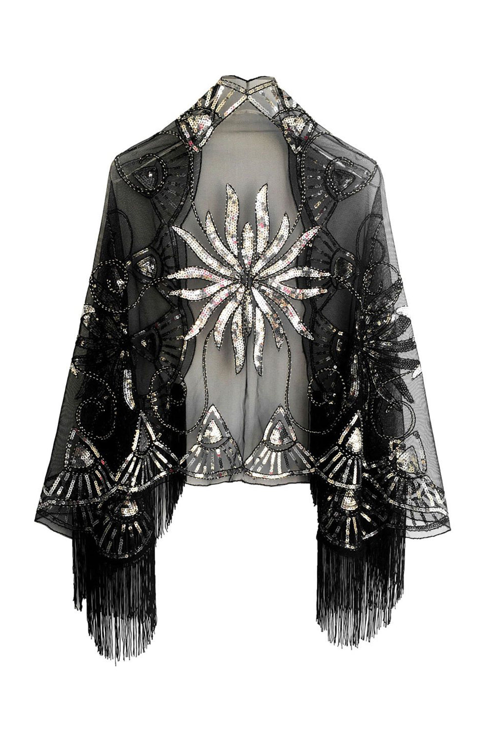 Black Golden Sequined 1920s Cape With Fringes