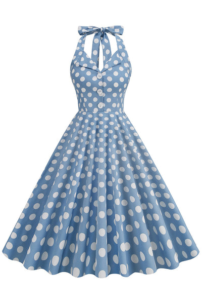 Zapaka Women Blue 1950s Dress Hepburn Style Polka Dots Swing Dress – ZAPAKA
