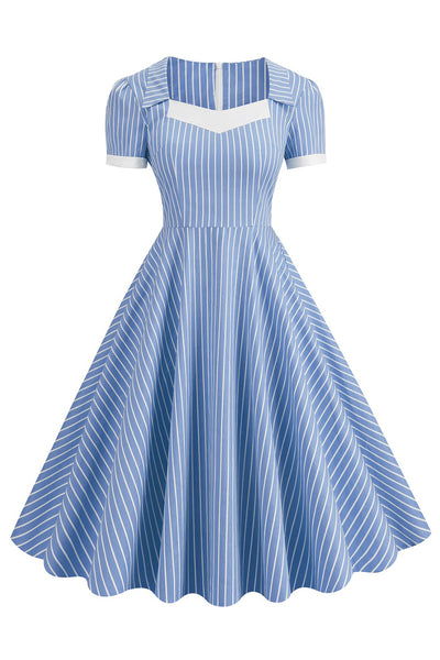 Zapaka Women Blue Striped Vintage Dress with Short Sleeves 1950s Dress ...