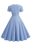 Blue Striped Vintage Dress with Short Sleeves