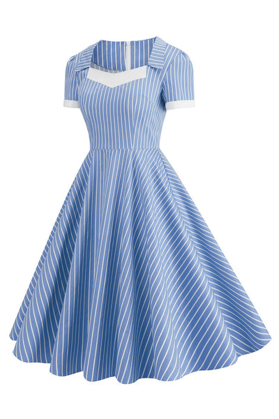 Zapaka Women Blue Striped Vintage Dress with Short Sleeves 1950s Dress ...