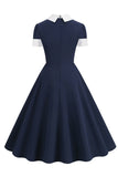Jewel Neck Navy 1950s Dress with Bowknot