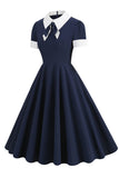 Jewel Neck Navy 1950s Dress with Bowknot