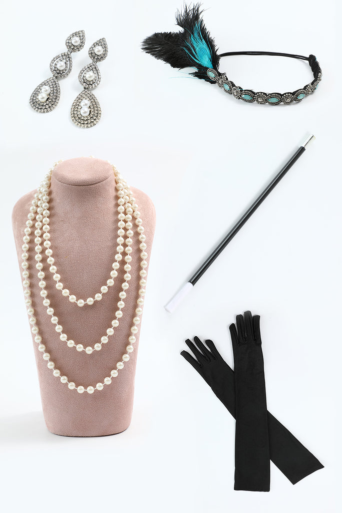 Black Headpiece Drop Earrings Five Pieces 1920s Accessories Set