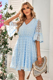 Blue V Neck Mini Summer Dress With Half Sleeves