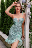 Spaghetti Straps Green Sequins Short Homecoming Dress