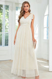 Apricot Lace Long Wedding Guest Dress with Bowknot