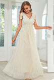 Apricot Lace Long Wedding Guest Dress with Bowknot