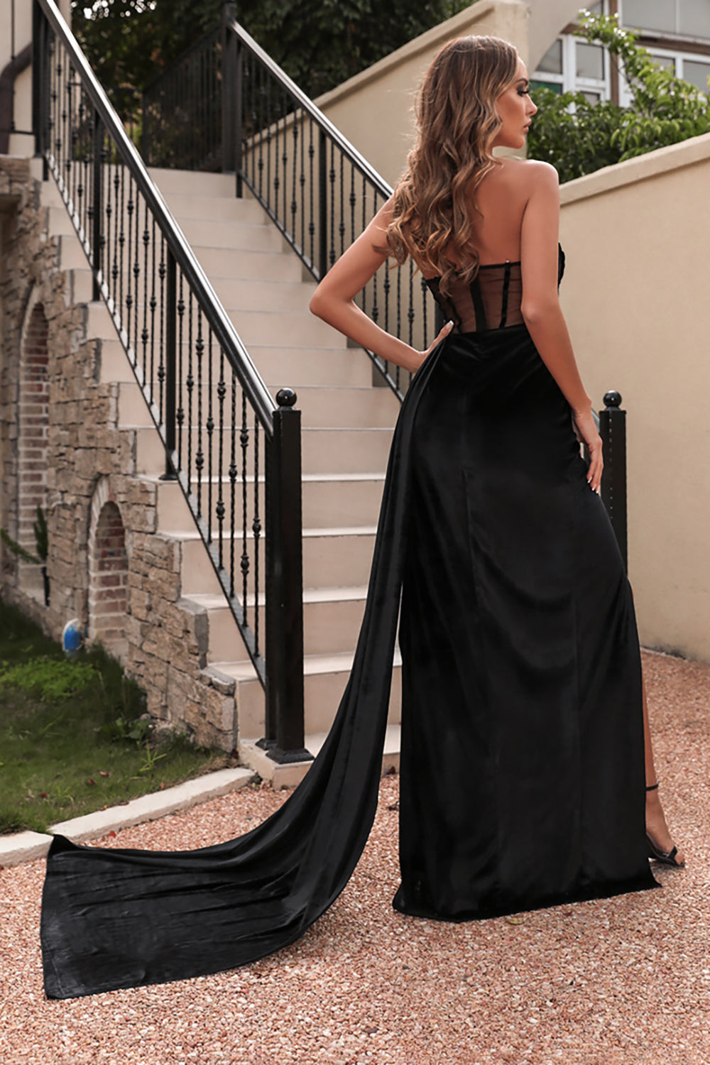 ZAPAKA Women Corset Prom Dress with Slit Black Strapless Party Dress