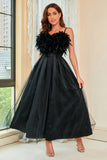 Black Spaghetti Straps Open Back Prom Dress With Feathers