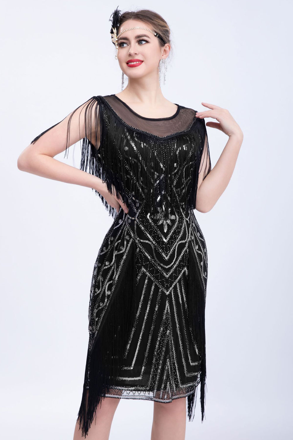 Black Glitter Sequins Flapper Dress with Fringes