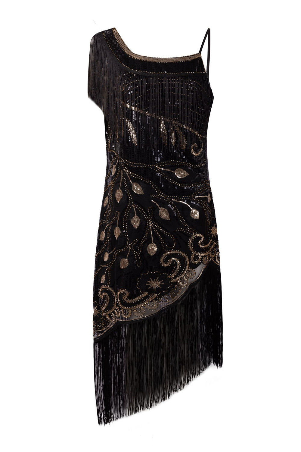 Black One Shoulder 1920s Dress with Fringes