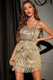 Sparkly Golden Sequins Cocktail Party Dress with Fringes