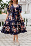 Plus Size V Neck Navy Summer Dress With Short Sleeves