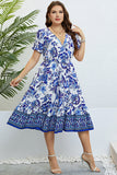 Blue V Neck Plus Size Summer Dress With Short Sleeves