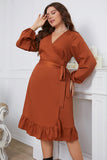 Brown Plus Size Long Sleeves Summer Dress with Ruffles
