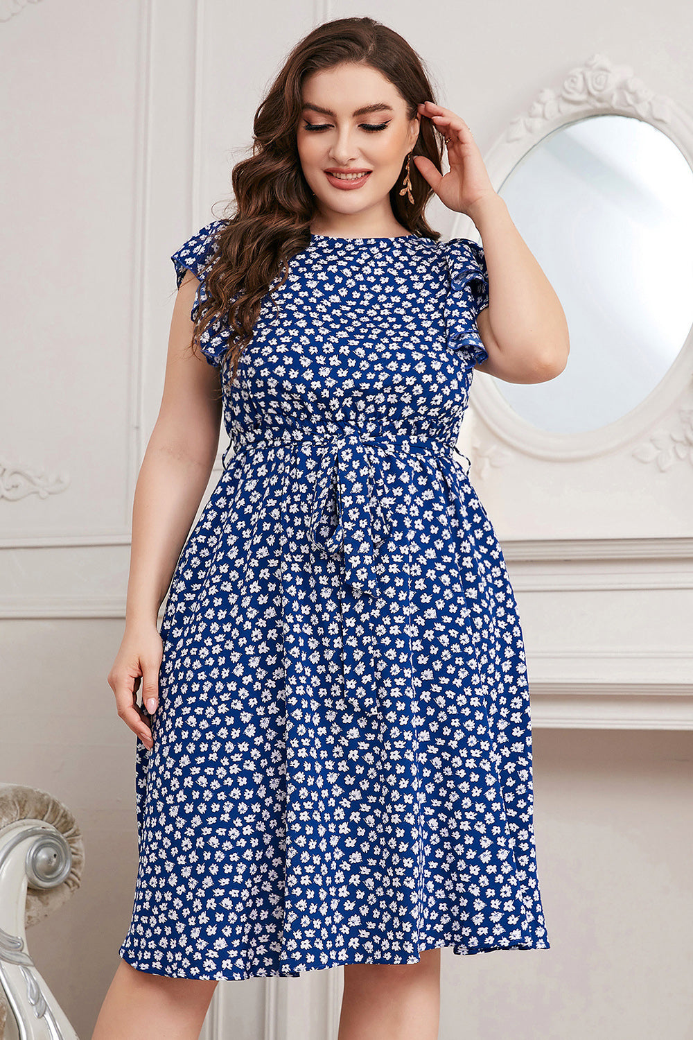 Blue Printed A Line Plus Size Summer Dress With Ruffles