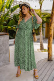 Green V Neck Printed Plus Size Summer Dress With Short Sleeves