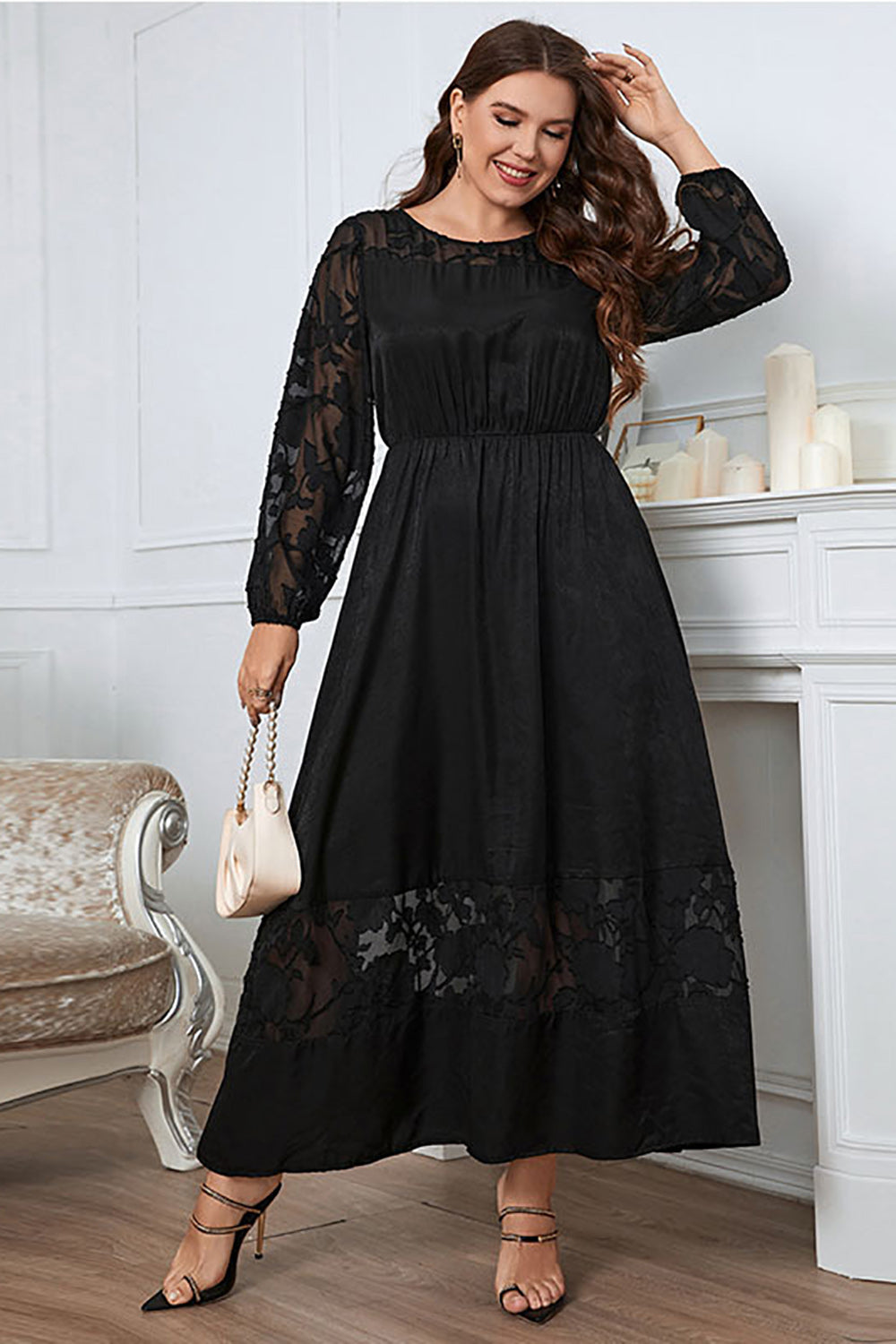 Black Plus Size Long Sleeves Round Neck Summer Dress